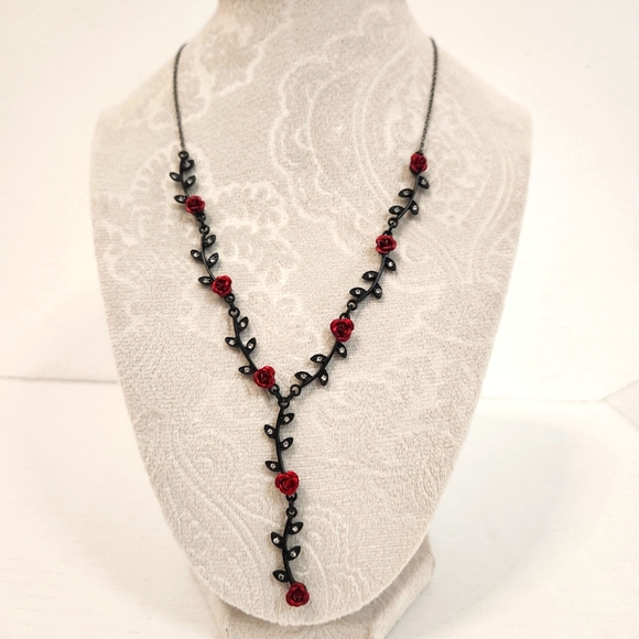Red Metal Roses, Rhinestone Tassel, Victorian Inspired - Picture 10 of 12